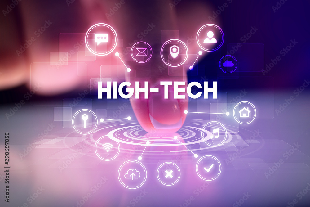 Finger touching tablet with web technology icons and HIGH-TECH inscription, web technology concept Finger touching tablet with web technology icons and HIGH-TECH inscription, web technology concept