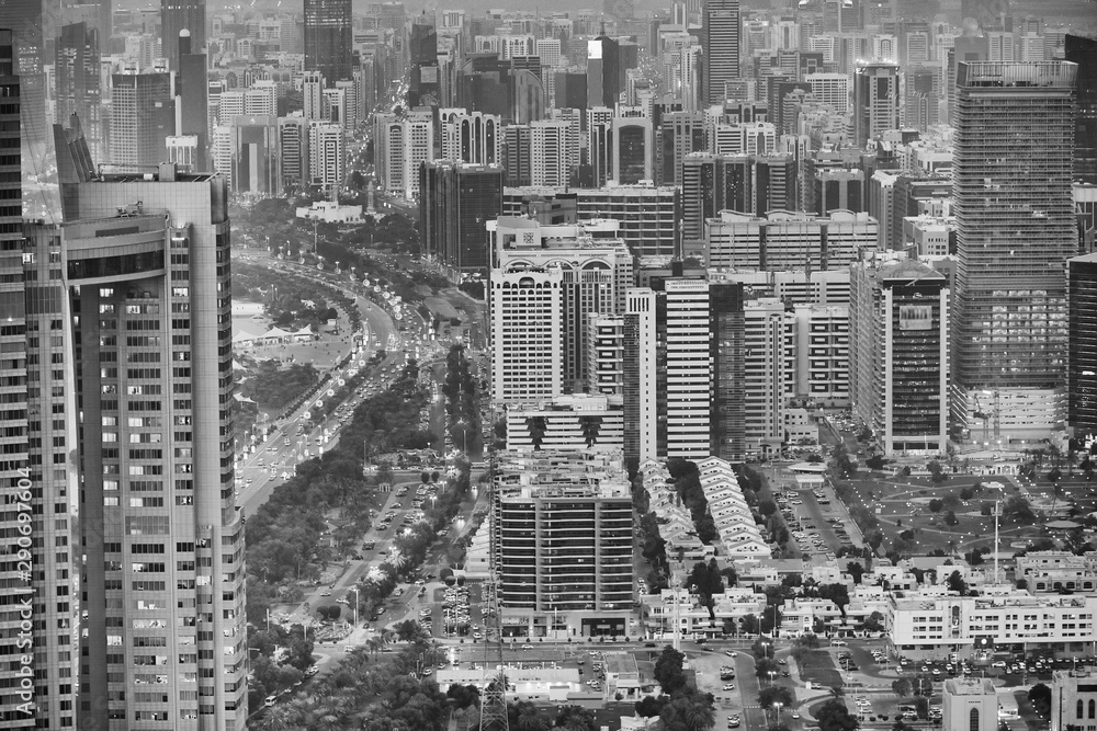Aerial view of modern city skyline with Al Khubeirah and Corniche Street, Abu Dhabi, United Arab Emirates