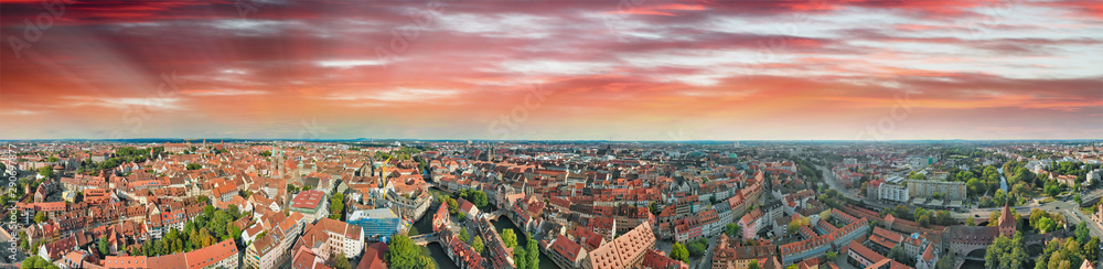 Aerial view of Nuremberg cityscape with river and medieval buildings, Germany