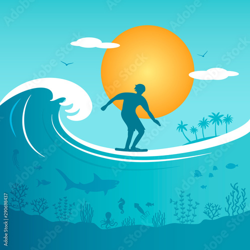 Silhouette of a surfer young man on the background of a large wave in the ocean