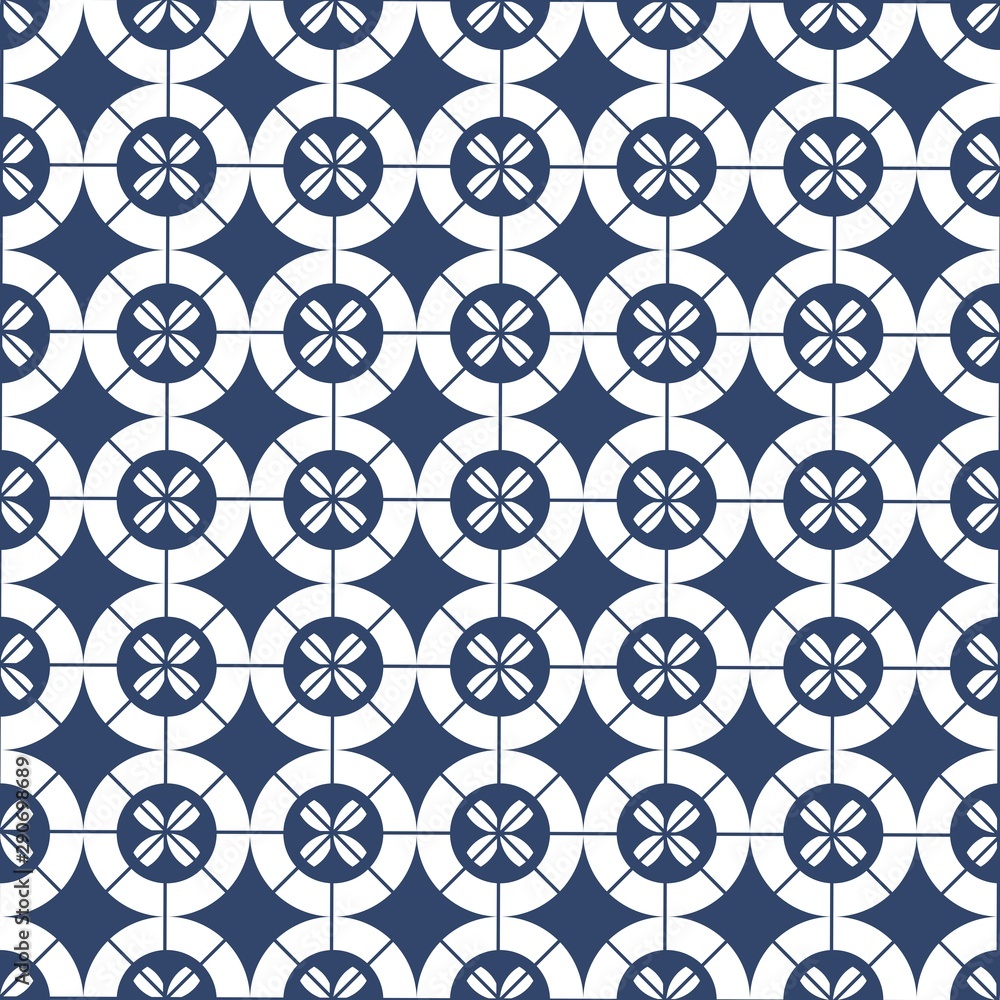 Blue and white art deco vector seamless pattern. Geometric shape multicolored elements on a monochromatic background. Blue and white art deco vector seamless pattern. Geometric shape multicolored elements on a monochromatic background.