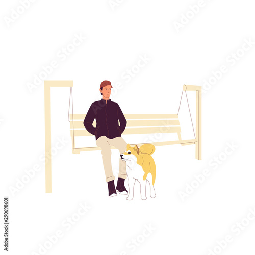 Man is sitting with a shiba inu dog on a bench outdoors. Isolated on white background. Flat style cartoon stock vector