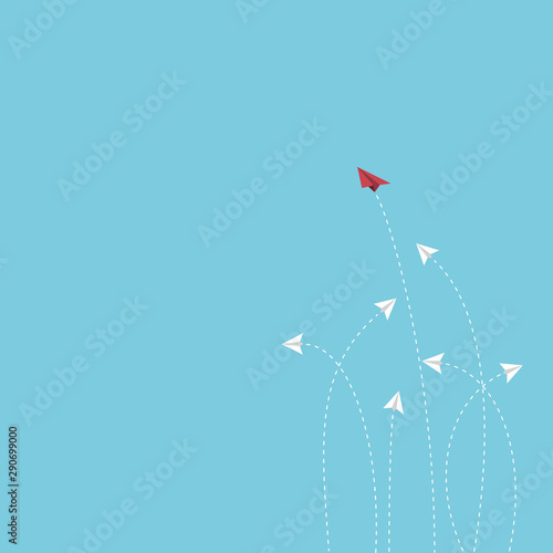 Think difference concept with red paper plane flying out from white paper planes, Flat style vector illustration.