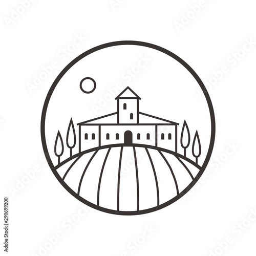 Tuscany landscape with vineyard fields, villa, trees in wine glass shape. Outline vector illustration of rural landscape. Vector illustration.