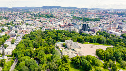 Oslo, Norway. Royal Palace. Slottsplassen. Palace park, From Drone photo