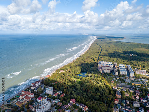 Russia, Zelenogradsk. Curonian Spit (Kurshskaya kosa), Baltic Sea. Curonian Bay (Kurshskay Bay). Aerial Photography photo