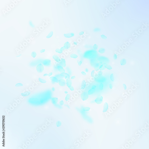 Turquoise flower petals falling down. Fetching rom