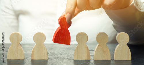 Businesswoman dismisses the employee from the team. Personnel Management. Bad worker. Demotion. The concept of finding people and workers on the job. Selection of teams, the appointment of a leader.
