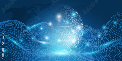 Abstract Blue Minimal Style Cloud Computing, Networks Structure, Telecommunications Concept Design, Network Connections, Transparent Wavy Geometric Mesh - Vector Illustration