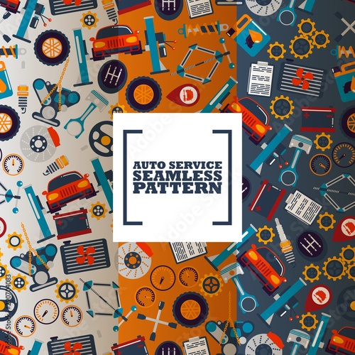 Car service seamless pattern, vector illustration. Vehicle maintenance center, auto repair service. Professional automobile accessories supply store. Cars, tires and gears