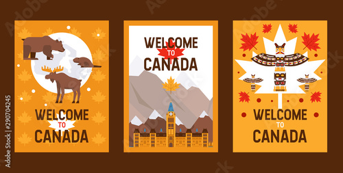 Canadian symbols and landmarks, vector illustration. Set of flat style banners for Canadian travel agency flyers. Natural, architectural and cultural attractions of Canada