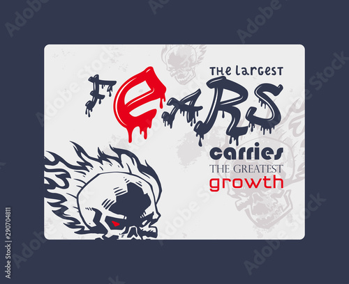 Retro style rock poster, vector illustration. Stylized burning skull with quote largest fears carry largest growth. Escape room, rock club, tattoo studio, street art graffiti