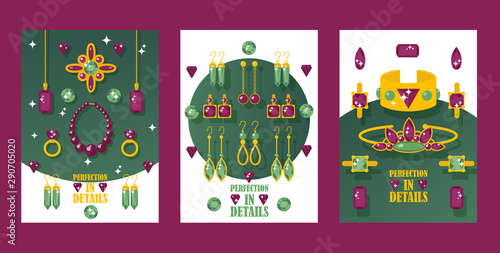 Jewelry store banners, vector illustration. Sparkling golden jewels with precious gemstones. Flat style jewellery cards perfection in details. Beauty fashion accessories and jewels for women.