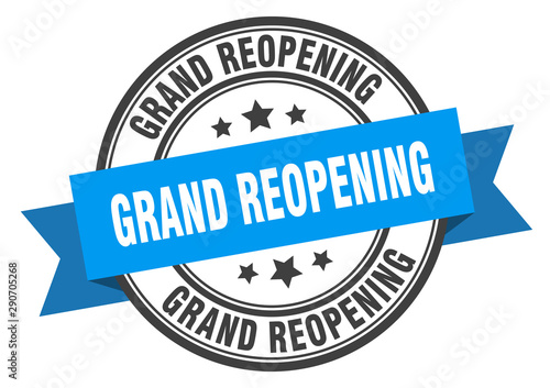 grand reopening label. grand reopening blue band sign. grand reopening