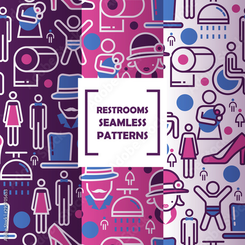 Public restroom icons in seamless pattern, vector illustration. WC signs in fine line style for bathroom products packaging paper or toilet room decoration