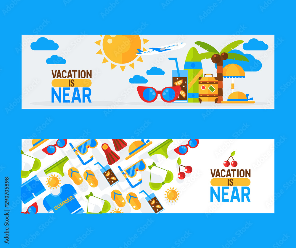 Fototapeta premium Summer vacation banner, vector illustration. Travel agency seaside tour advertisement, fun beach activities for the whole family. Vacation trip accessories
