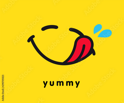 Tasty smile icon template design. Smiling yummy emoticon vector logo on yellow background. Hungry emoji in line art style illustration. World Smile Day, October 4th banner photo