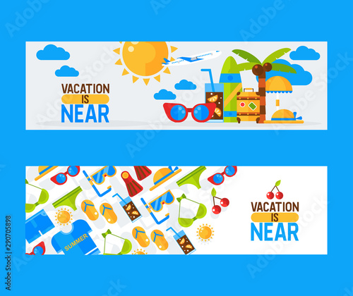 Summer vacation banner, vector illustration. Travel agency seaside tour advertisement, fun beach activities for the whole family. Vacation trip accessories