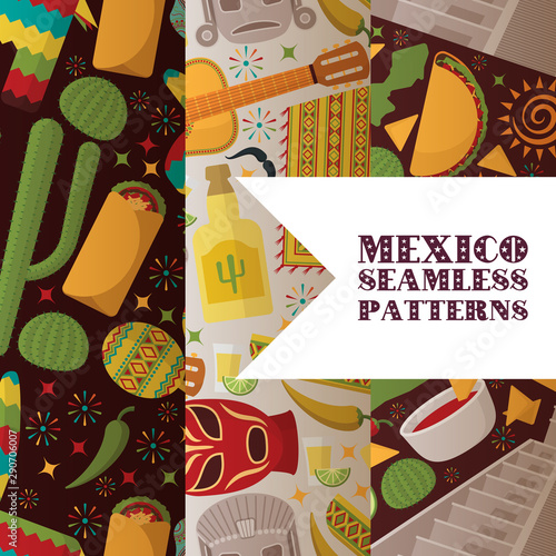 Mexico symbols seamless pattern, vector illustration. Mexican culture flat icons, national cuisine and tourist attractions. Sightseeing tour in Mexico, local food, historic landmarks. Wrapping paper.