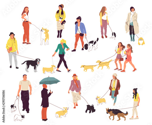 Set of many people walking with their dogs. Men and women outdoors with pets. Corgi, labrador, retriever, shepherd, spaniel, shiba inu, terrier, chihuahua