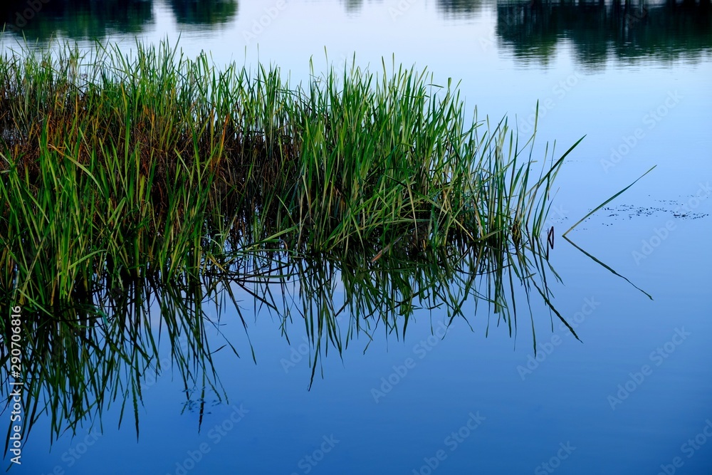 Sunset on the river. Dusk. Reflection in water. Water surface Sunset on the river. Dusk. Reflection in water. Water surface