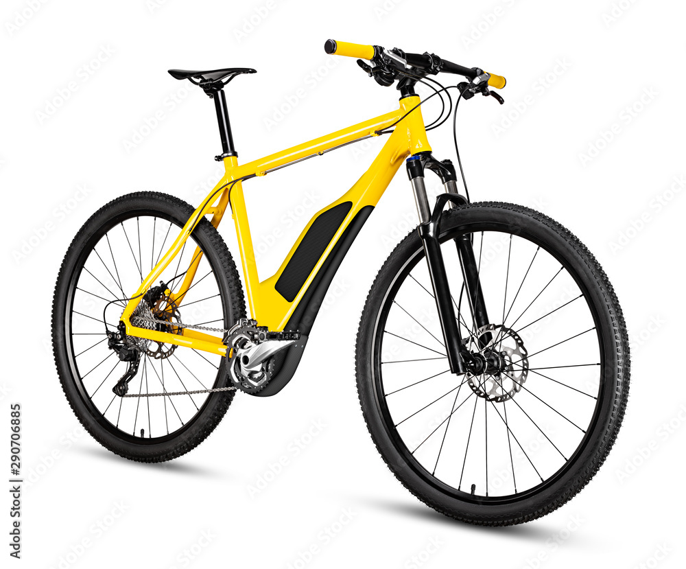 fantasy fictitious design of  yellow ebike pedelec with battery powered motor bicycle moutainbike. mountain bike ecology modern transport concept isolated on white background