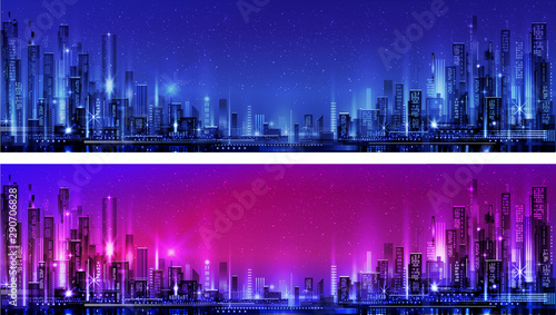 Vector night city illustration with neon glow and vivid colors