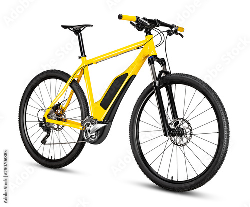 fantasy fictitious design of  yellow ebike pedelec with battery powered motor bicycle moutainbike. mountain bike ecology modern transport concept isolated on white background © stockphoto-graf