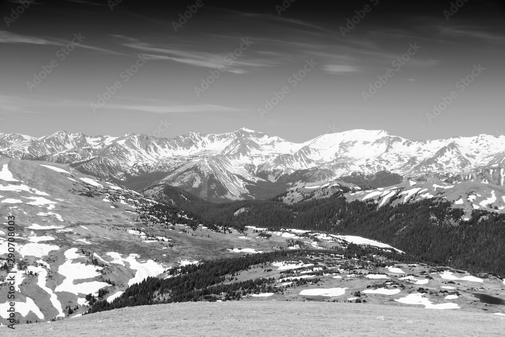 Rocky Mountains, Colorado. Black and white vintage tone.