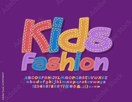 Vector trendy sign Kids Fashion. Jeans textured Font. Creative set of Alphabet Letters and Numbers