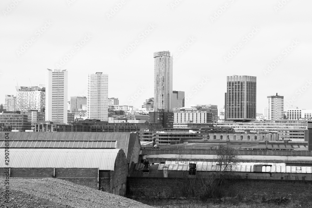 Birmingham UK skyline. Black and white vintage style.