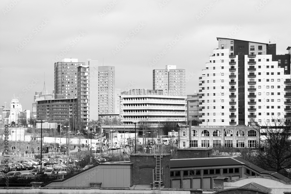 Birmingham city skyline. Black and white vintage style.
