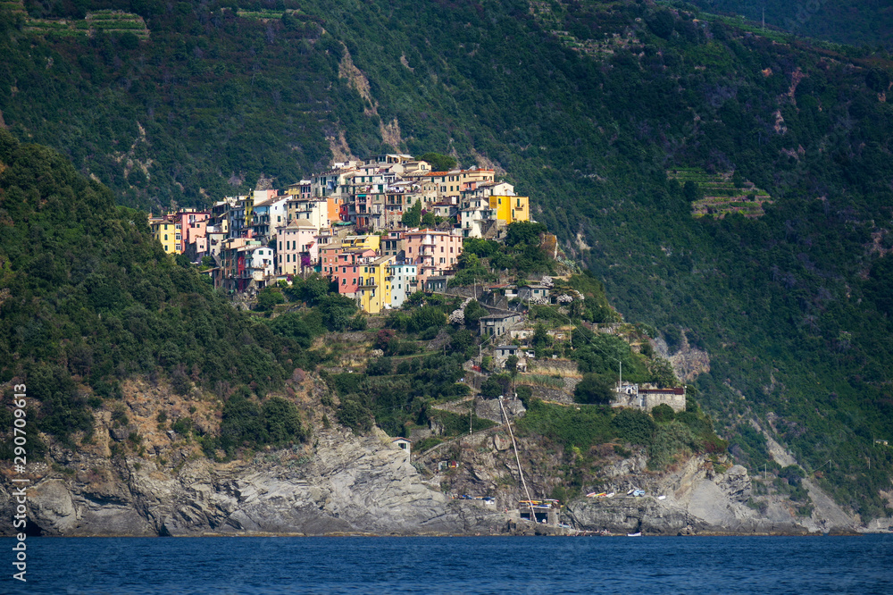 Corniglia, a Cinque Terra mountain village on the Mediterranean sea in Liguria, Italy, copy space