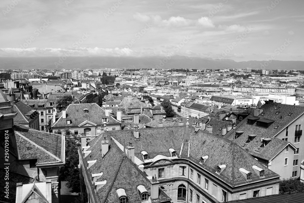 Geneve city, Switzerland. Black and white retro style.