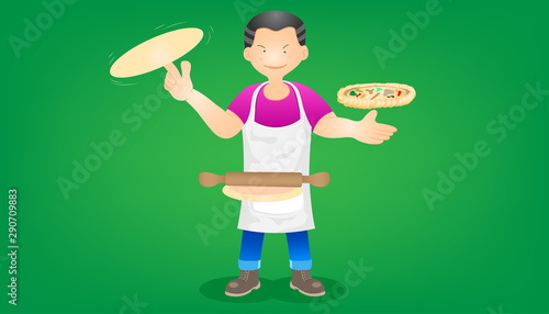 set of the merchant fast food. a man stand thresh flour for making pizza. character design. vector illustration eps10