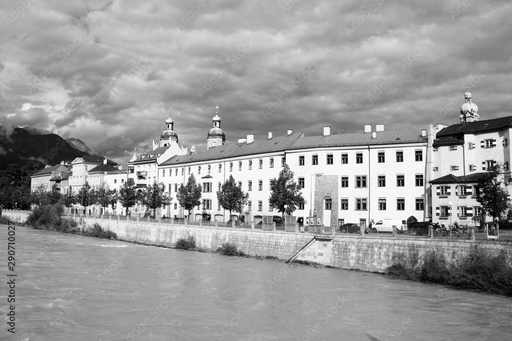 Innsbruck town in Austria. Black and white retro style.