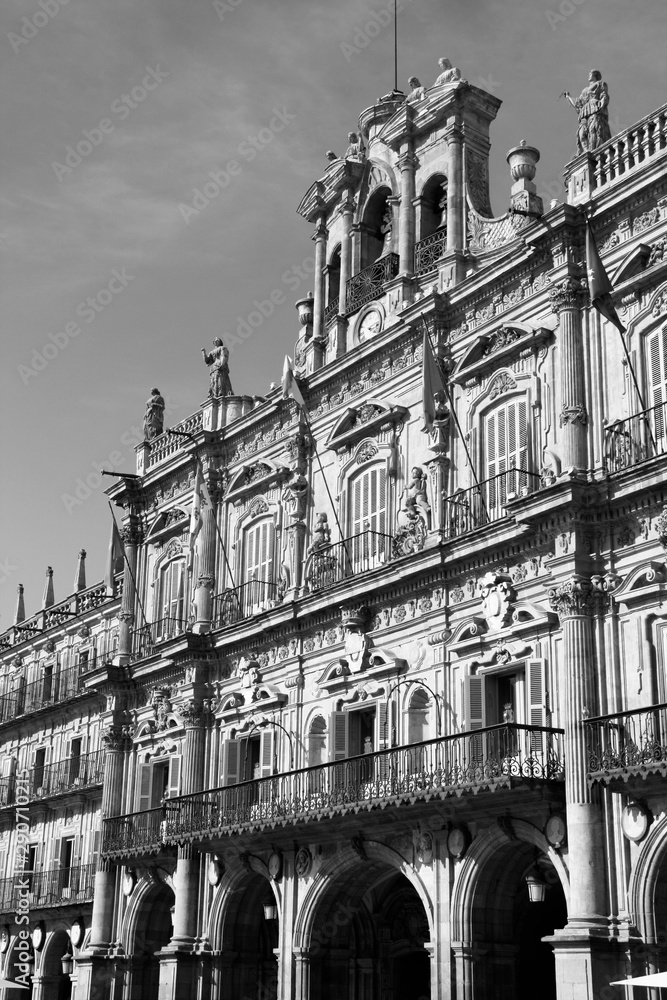 Salamanca city square - Plaza Mayor. Black and white retro style.