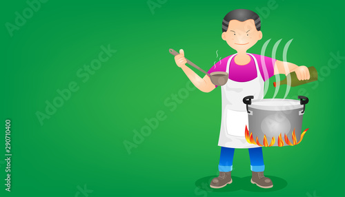 set of the merchant cooking food. a man stand hold and pouring the bottle of flavoring to boiled pot in left hand and right holding a big spoon. character design. vector illustration eps10