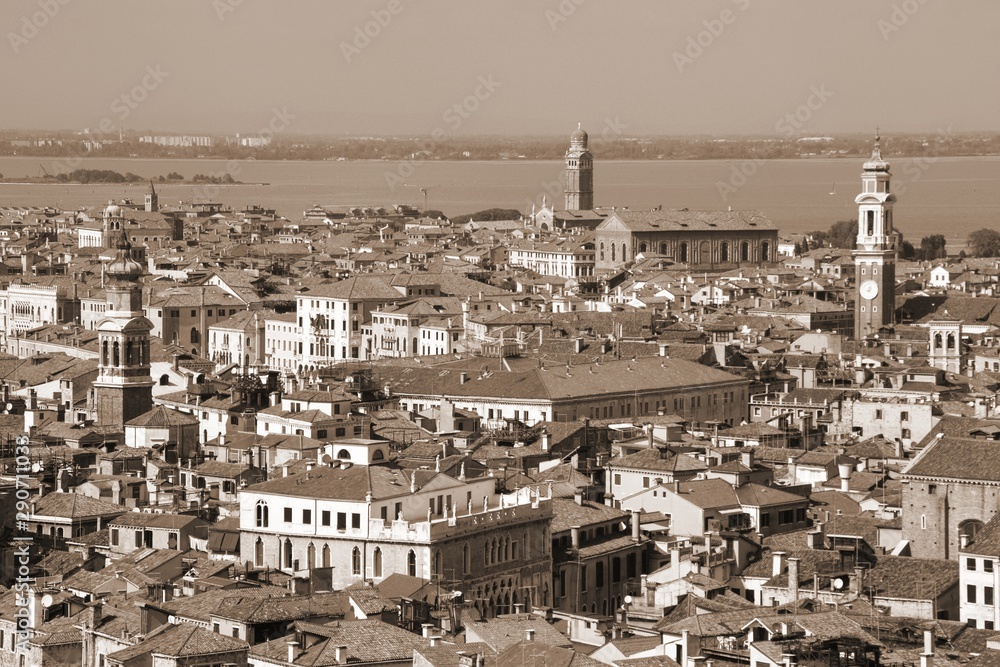 Venice Italy aerial view. Sepia tone vintage style.