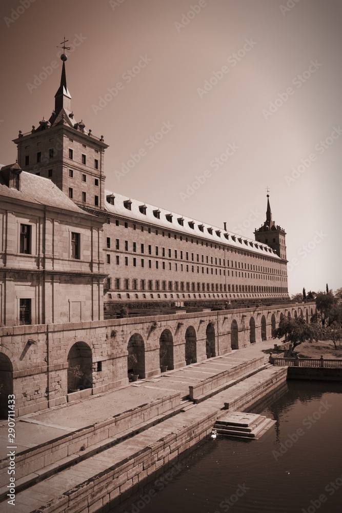 Escorial, Spain. Sepia tone vintage style.