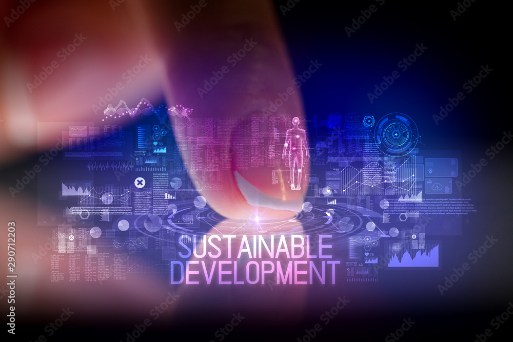 Finger touching tablet with web technology icons and SUSTAINABLE DEVELOPMENT inscription