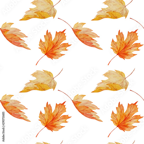watercolor seamless pattern of maple leaves isolated on white background, hand painted autumn botanical print for wpapping, fabric, wallpaper, vector illustration
