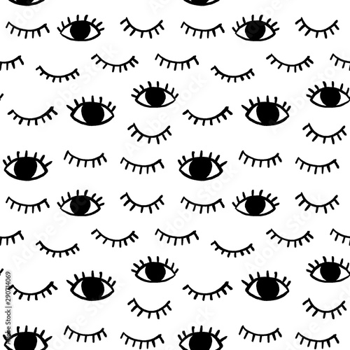 Vector pattern with hand drawn eyes doodles. Trendy seamless background with opened and winking or closed eyes. 