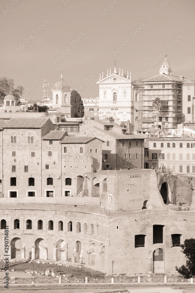 Rome cityscape with Trajan's Forum. Sepia tone vintage style.