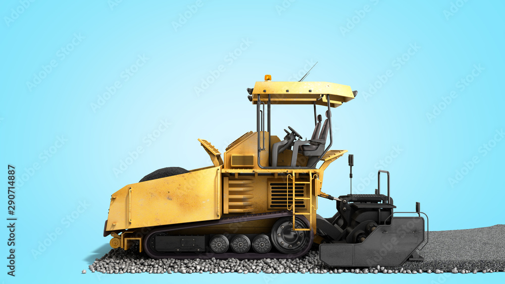Obraz premium Yellow asphalt spreader machine lays asphalt 3d render on blue gradient