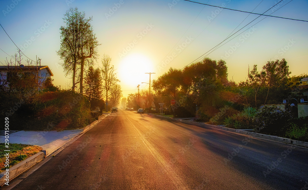 Sunny and foggy start of the day in Otsego St, Los Angeles, California Sunny and foggy start of the day in Otsego St, Los Angeles, California