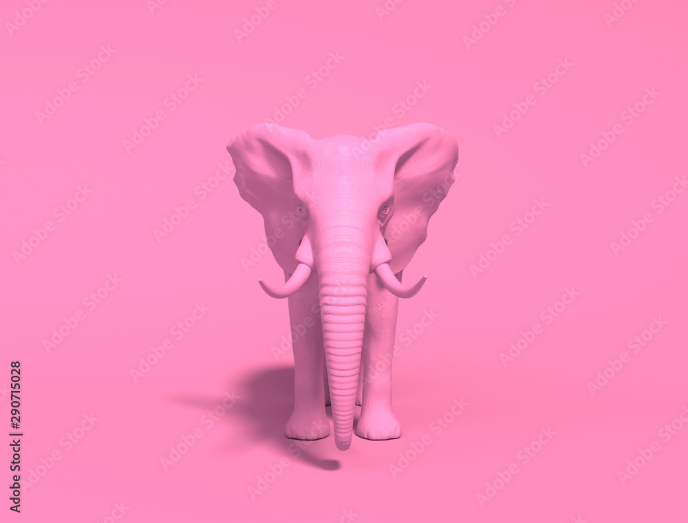 One plain pink realistic elephant isolated on a pink background. Creative conceptual monochrome illustration with copy space. 3D rendering. One plain pink realistic elephant isolated on a pink background. Creative conceptual monochrome illustration with copy space. 3D rendering.