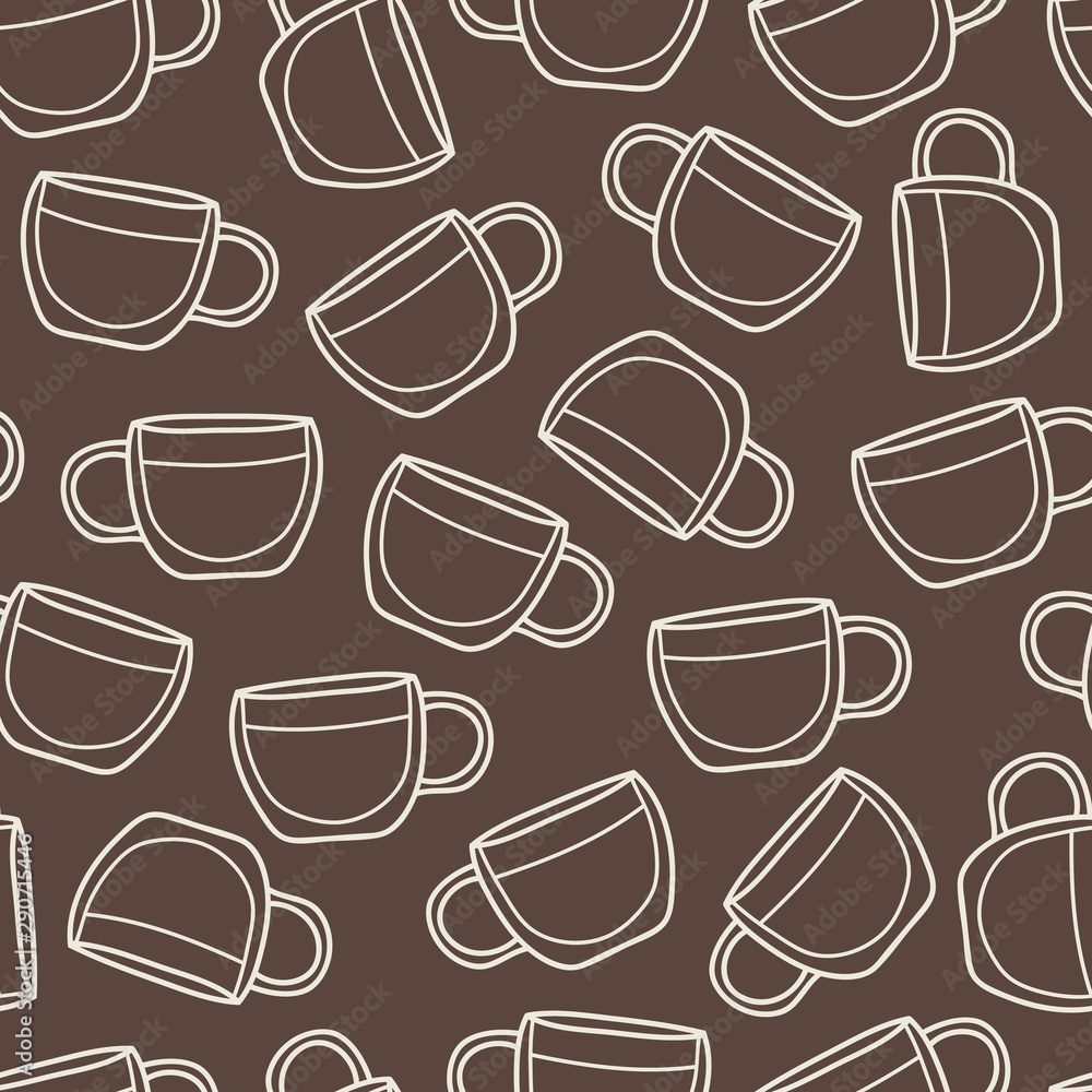 Vector seamless coffee pattern in brown. Simple coffee cups made into repeat. Great for background, wallpaper, wrapping paper, packaging, fashion, restaurant, cafe.