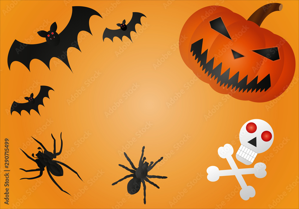 Fondo de halloween con calabazas, murciélagos, arañas y calavera. 