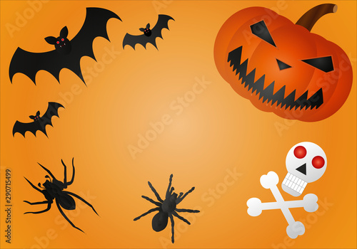 Fondo de halloween con calabazas, murciélagos, arañas y calavera. 